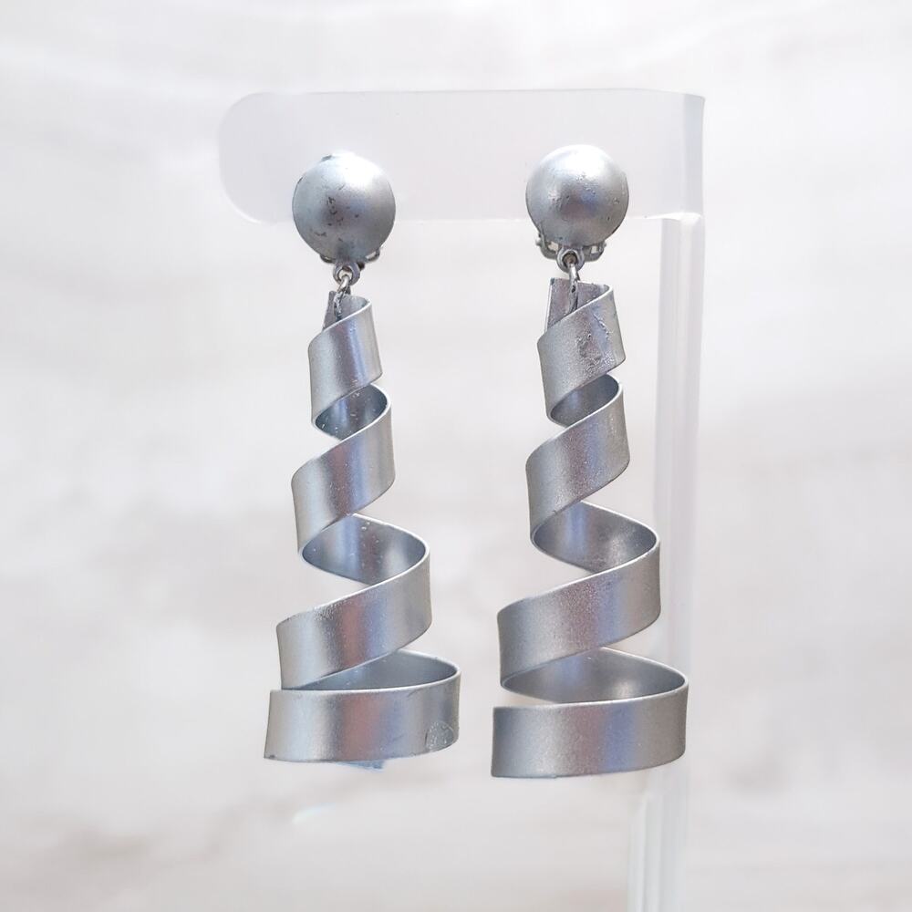 Vintage Clip On Earrings Extra Large Spiral Silver Tone - Condition Issues